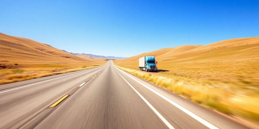 Truck driving on a scenic highway with hills.