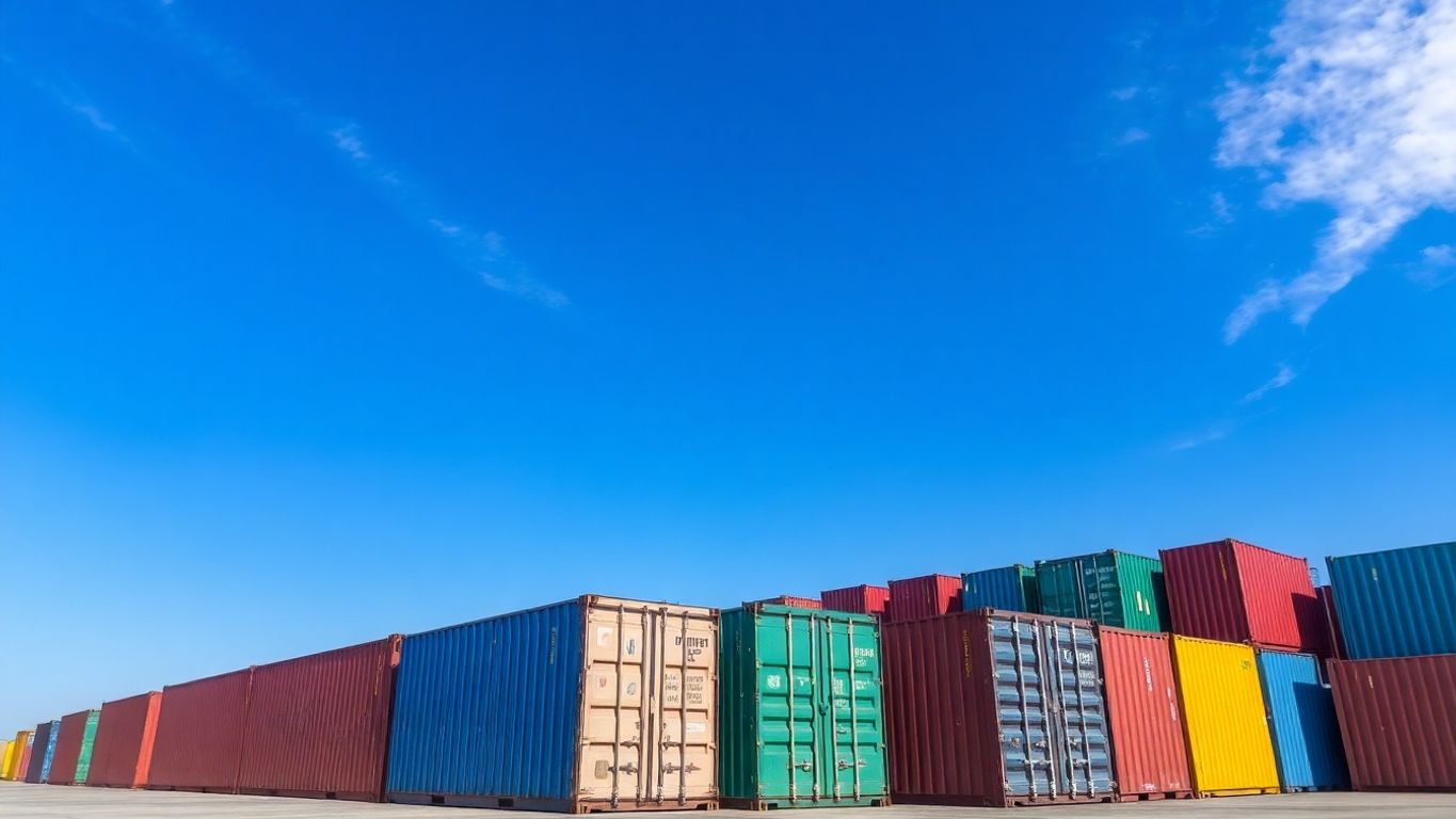 Steel containers stacked under bright sky.