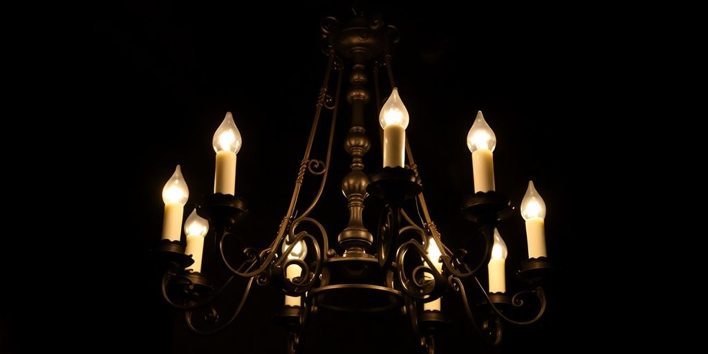 Gothic chandelier with intricate metalwork casting shadows.