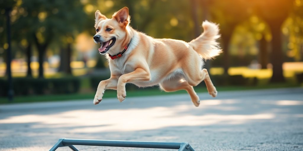 Active dog with healthy joints leaping in a park.