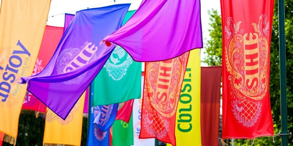 Vibrant custom banners displayed at an outdoor event.