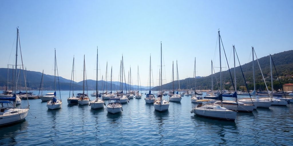 Boats moored peacefully in a picturesque harbor.