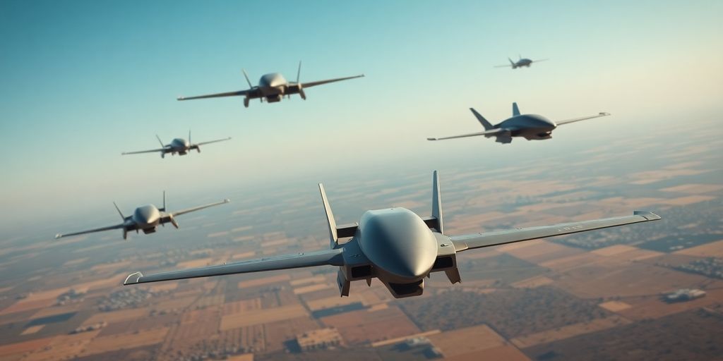 Drones futuristes survolant un paysage militaire.
