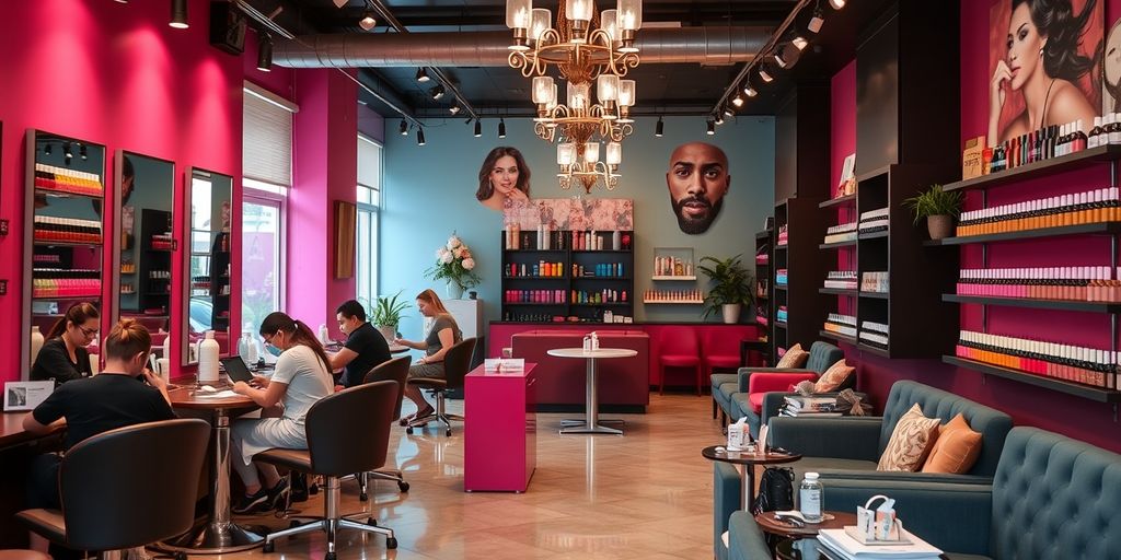 Nail salon with technicians and colorful nail polish bottles.
