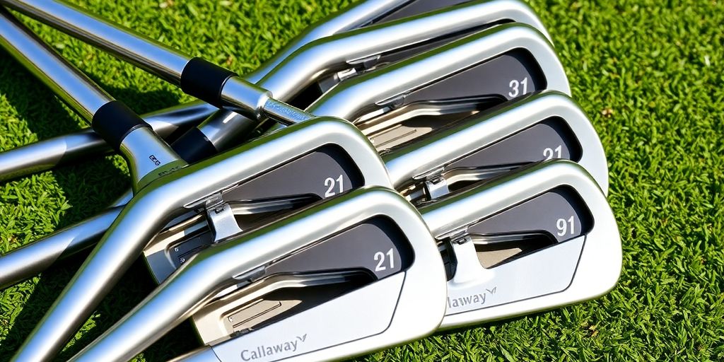Callaway Apex Pro 21 irons arranged on green grass.