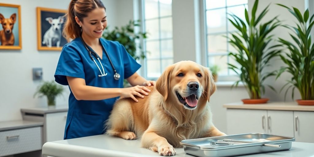 Veterinary assistant in blue scrubs examining a calm Golden Retriever.