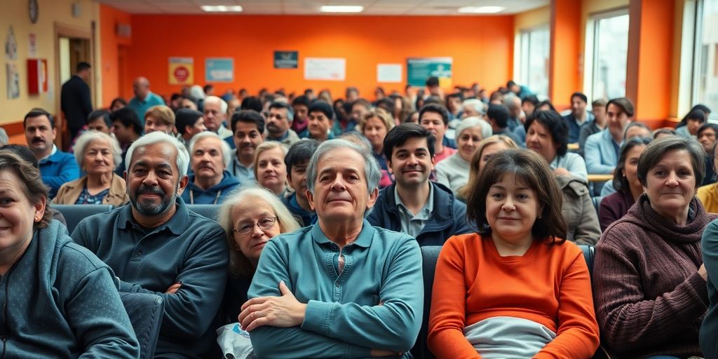 Busy waiting room with patients showing various emotions.