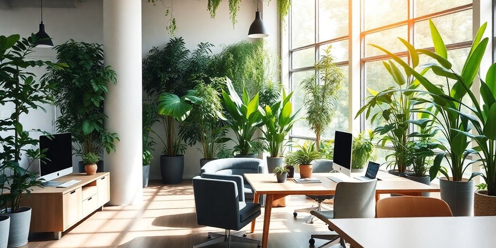 Modern workspace with greenery and minimalistic design elements.