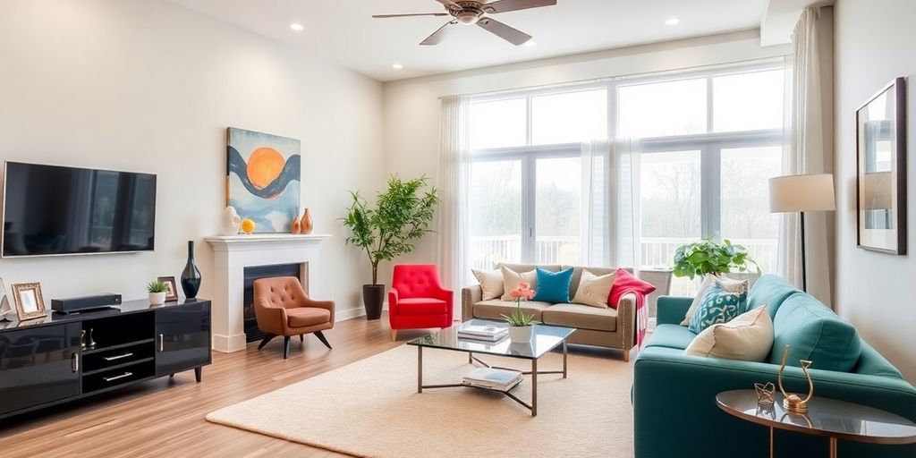Modern remodeled living room with stylish decor and furniture.