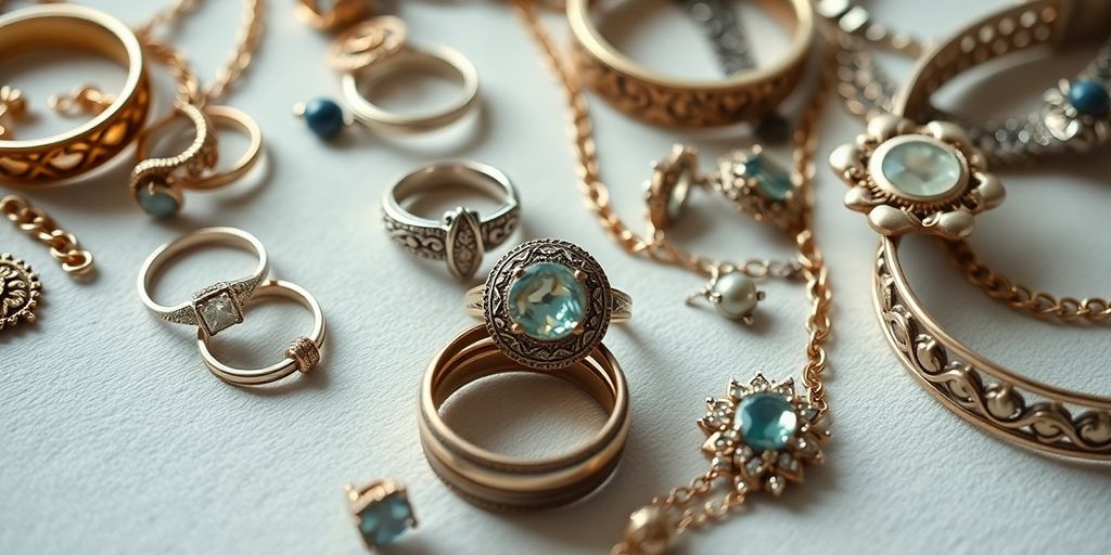 Collection de bijoux de famille hérités sur fond doux.