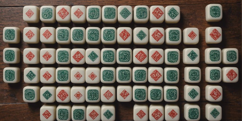 Top-down view of Mahjong tiles in various sizes and dimensions on a wooden table.
