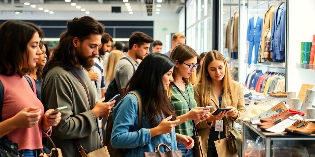 Diverse consumers interacting with products in a retail space.