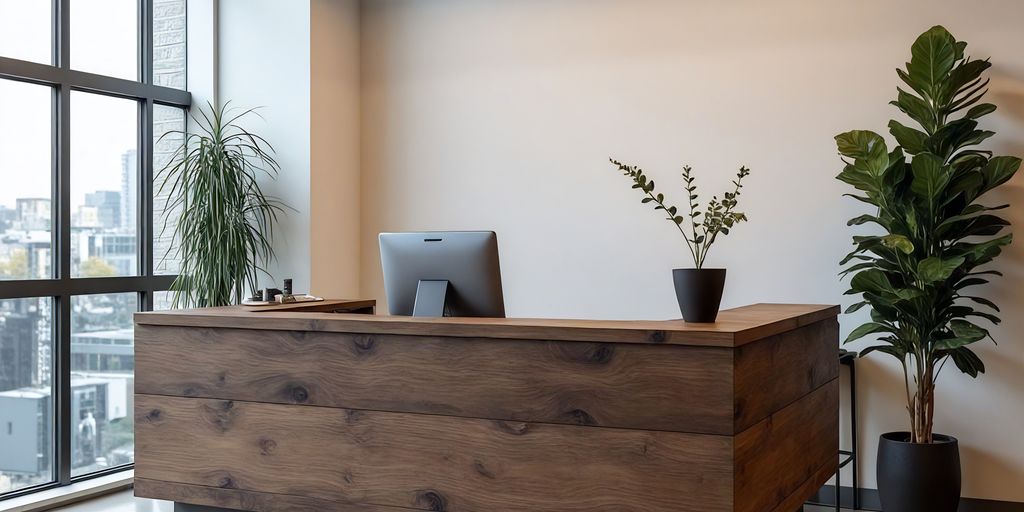 Modern office reception area with wooden desk and plants.