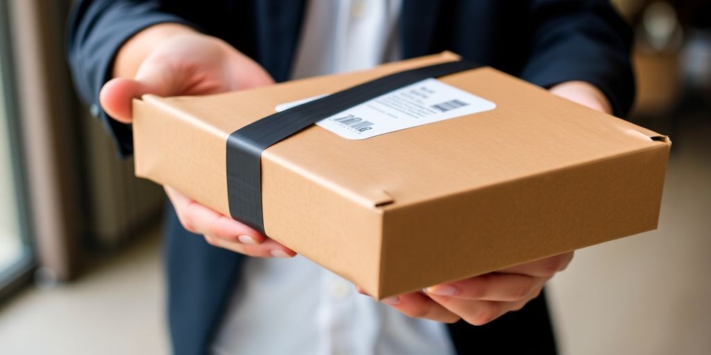 Hand holding a package from an online store.