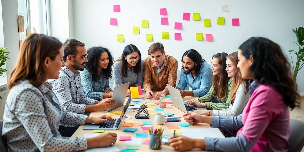 Team brainstorming with sticky notes and laptops on table.