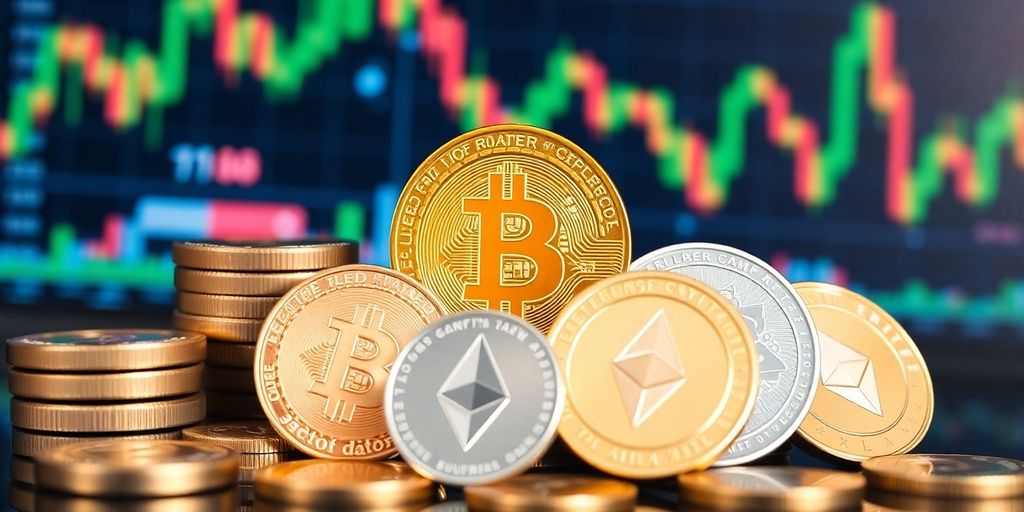 Photograph of Bitcoin and Ethereum coins on a digital backdrop.