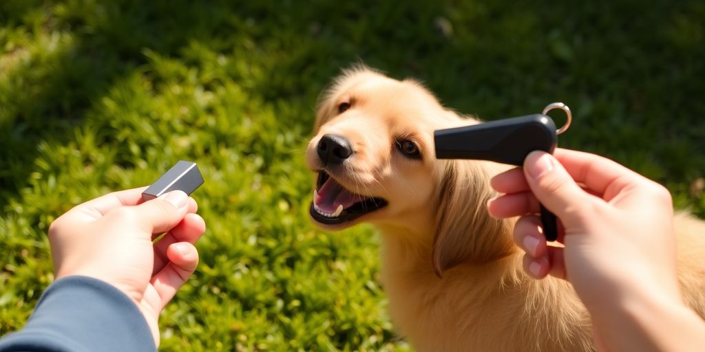 Dog whistle training session with a happy golden retriever puppy.