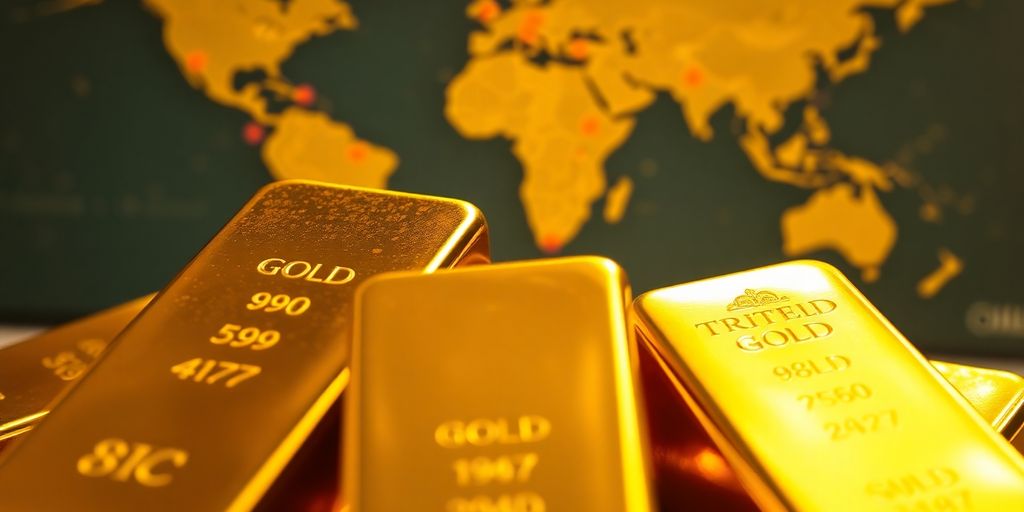 Lingots d'or brillants devant une carte du monde aux zones rouges.