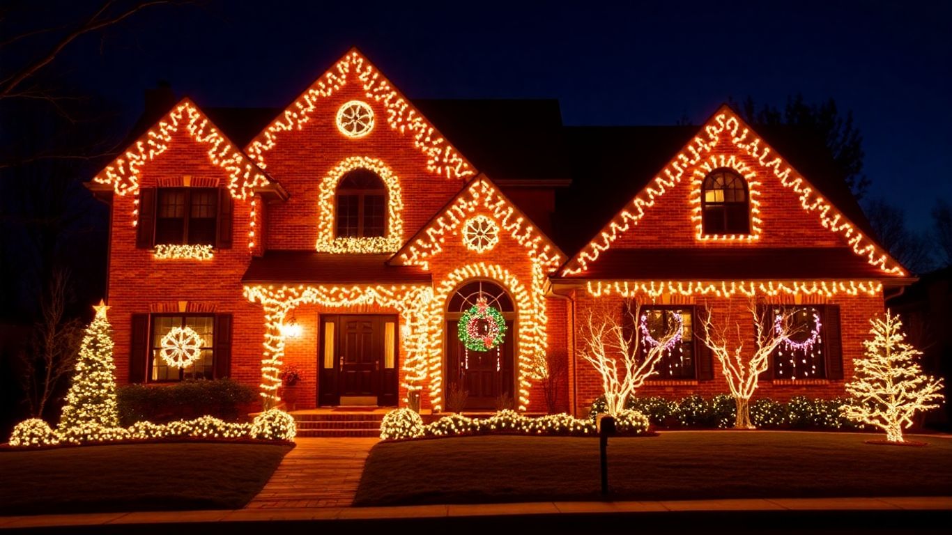 Creve Coeur house decorated with bright commercial Christmas lights.