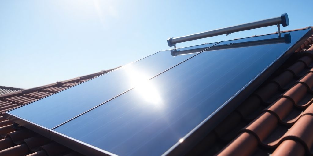 Panneau solaire thermique sur un toit, soleil.