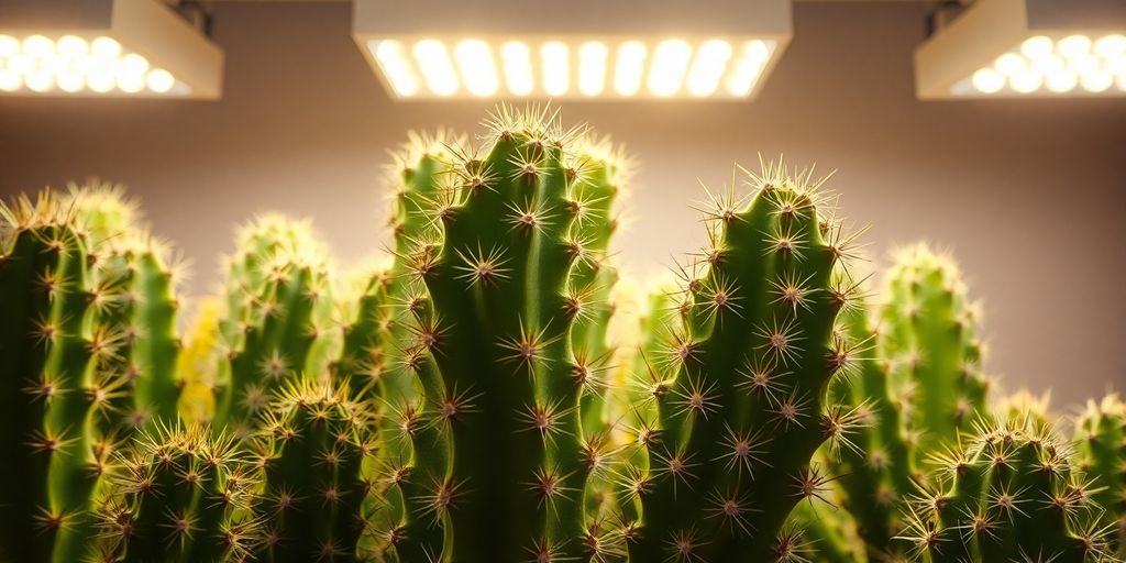 Cactus verdes bajo luz artificial
