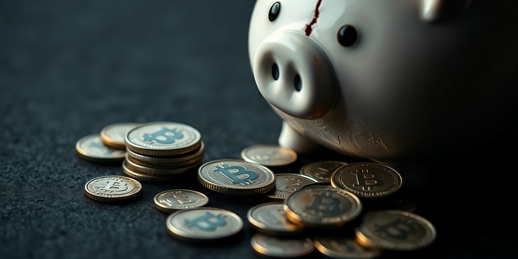 Cracked piggy bank, falling crypto coins