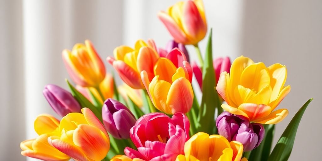 Colorful tulips in a bouquet on a soft background.
