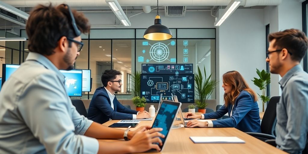 Profissionais colaborando em escritório moderno com tecnologia avançada.