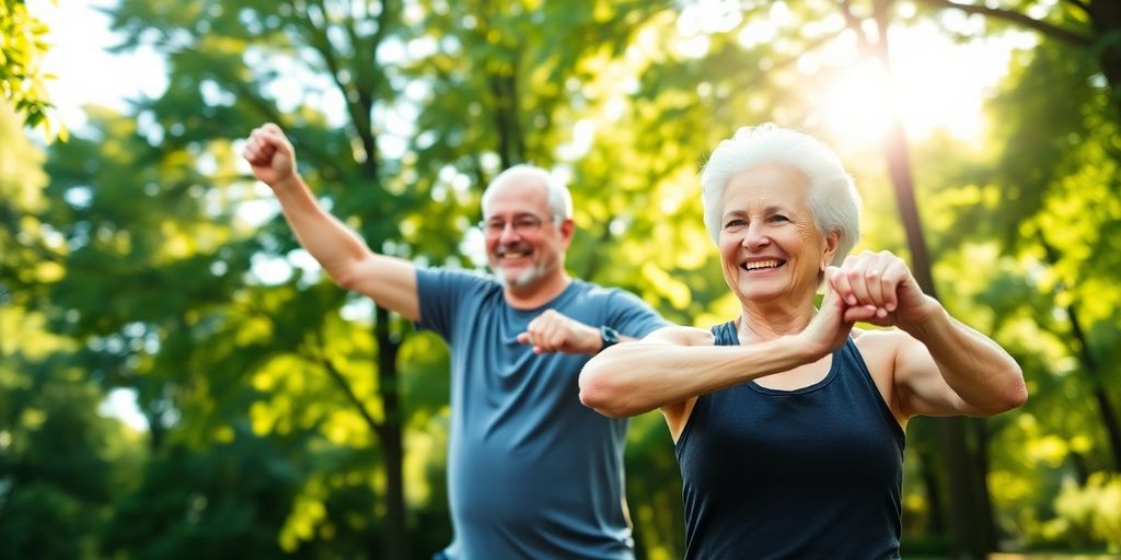Older adult exercising outdoors, enjoying functional fitness activity.