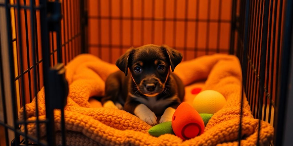 A puppy resting comfortably in a cozy crate.
