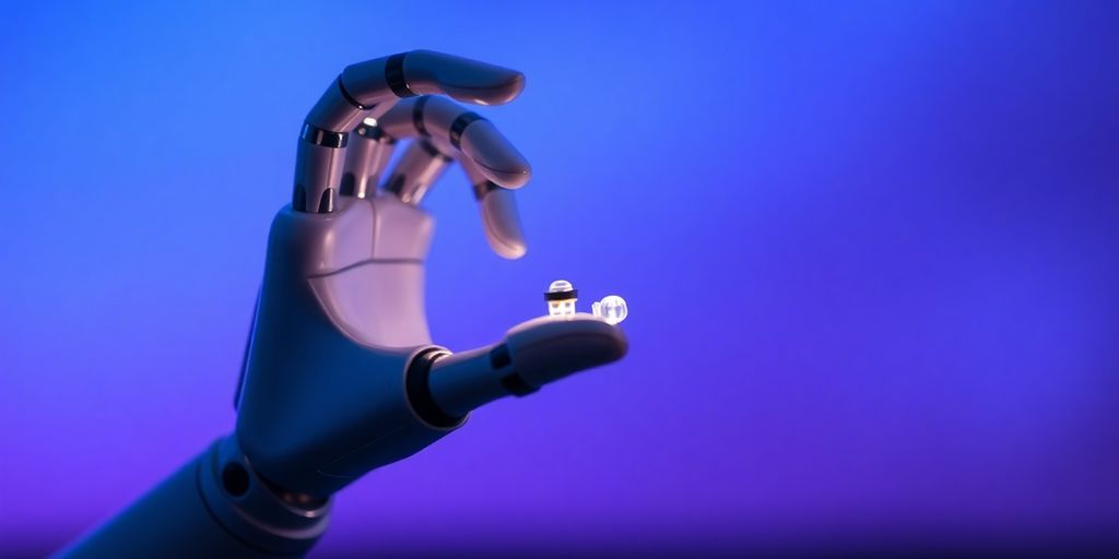 Robot hand building with glowing AI tools.