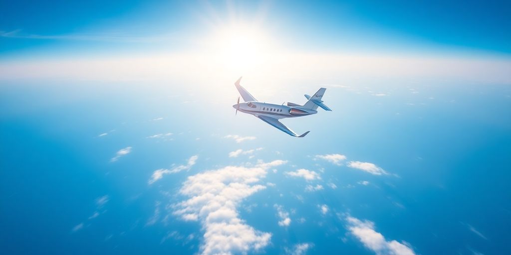 Private jet flying through a sunny sky