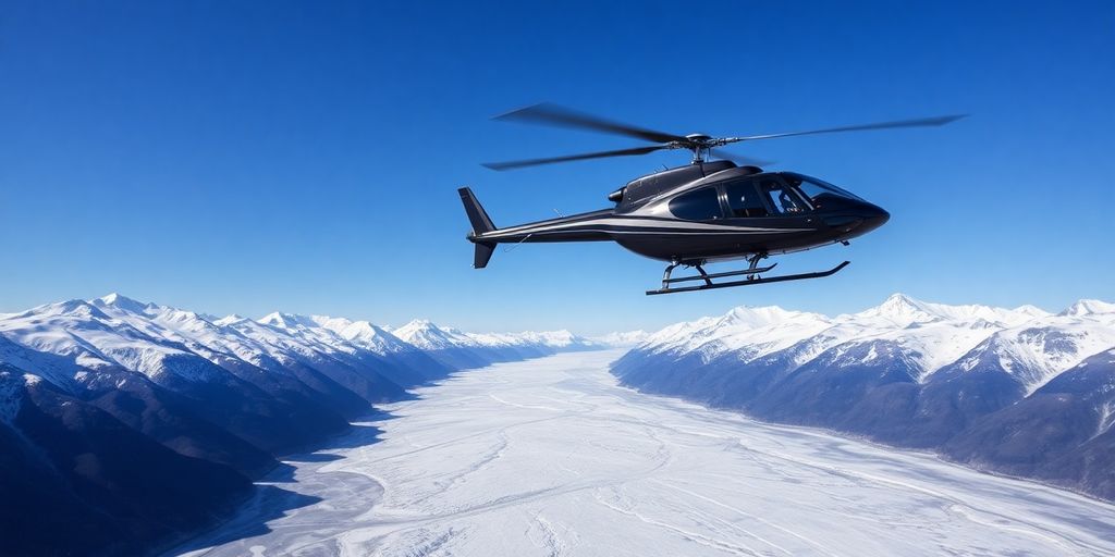 A sleek helicopter flying over a vast Alaskan mountain glacier.