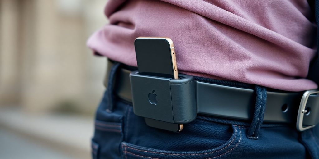 Person wearing a phone holder on their belt.