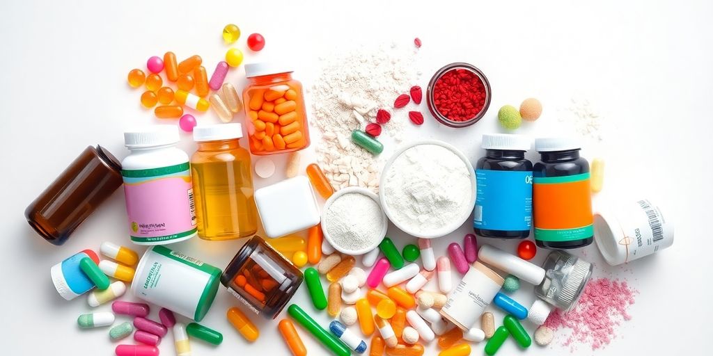 Colorful dietary supplements on a white background.