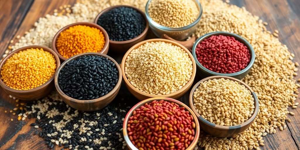 Various sesame seeds in bowls on rustic table