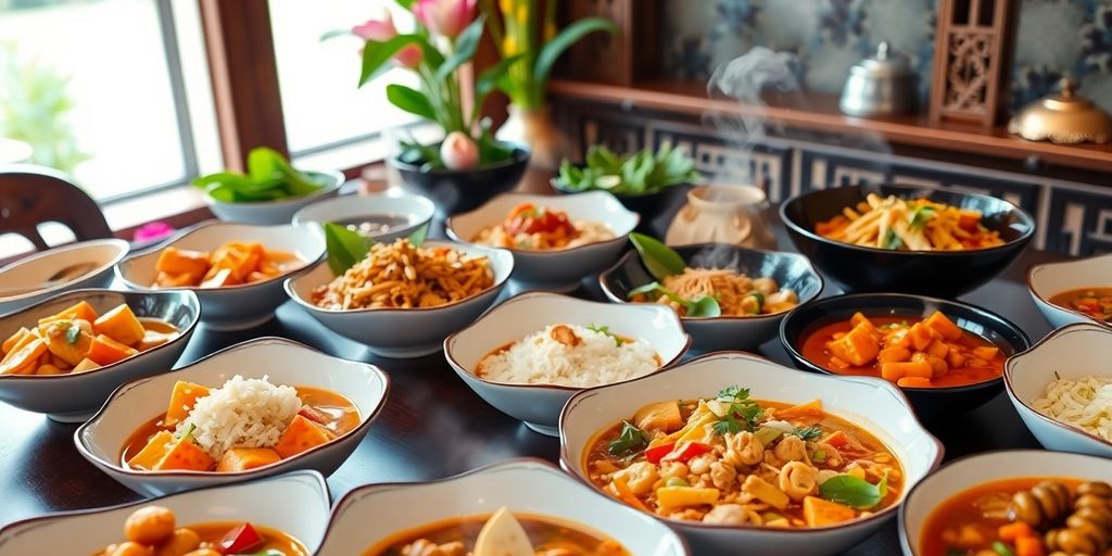 โต๊ะอาหารไทยพร้อมอาหารหลากหลาย