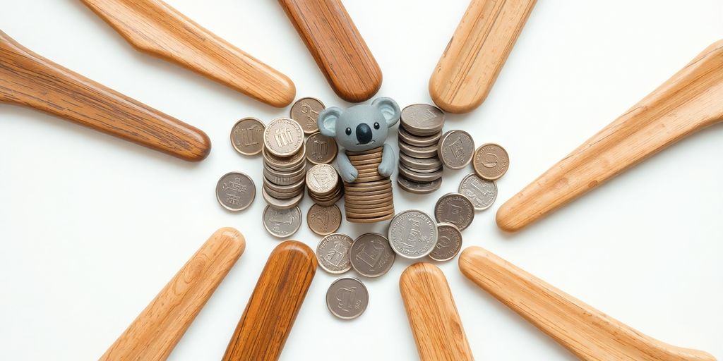 Aussie budgeting kit with coins, koala, and boomerangs.