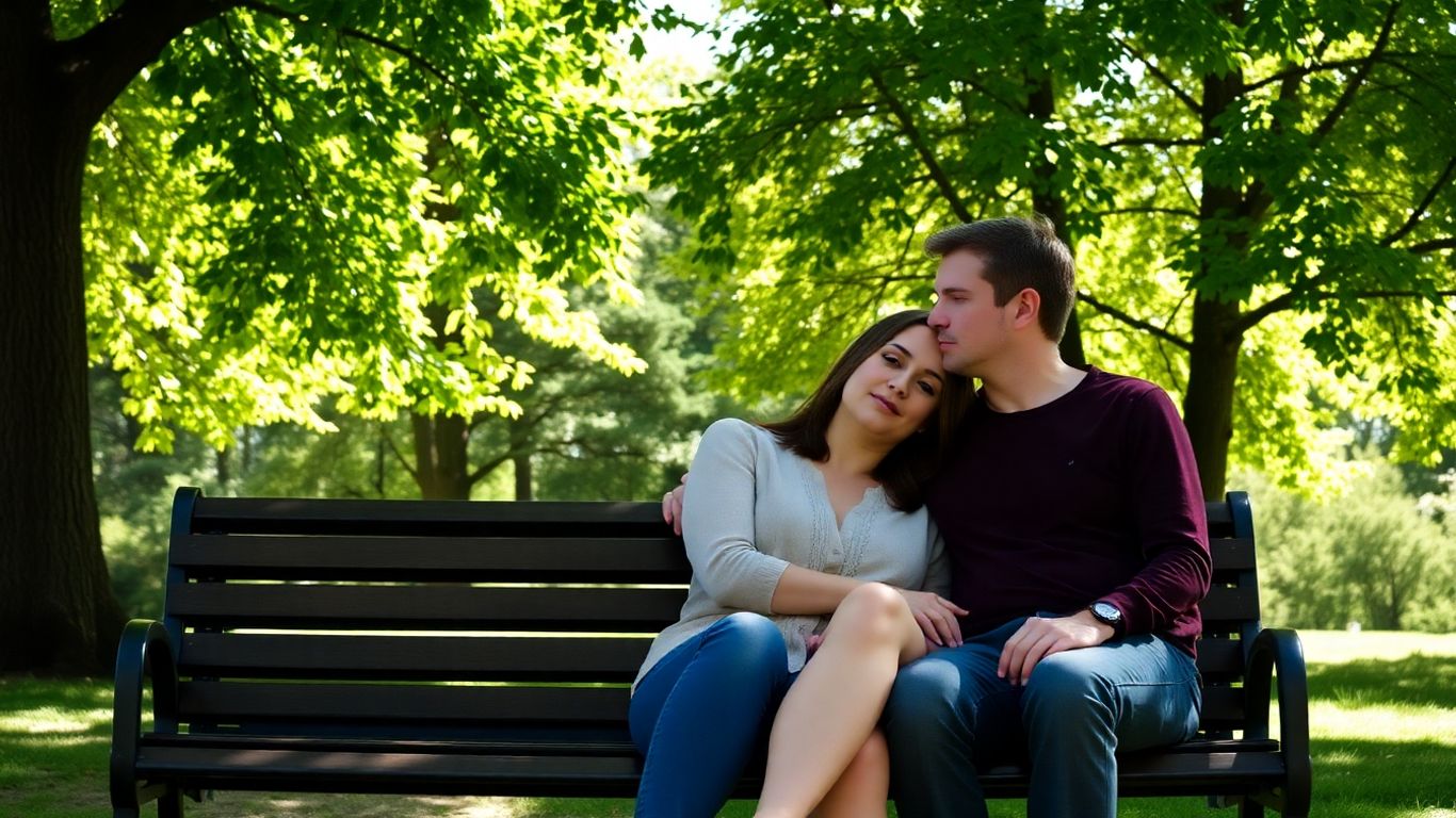 Two people relaxing together on a park bench.