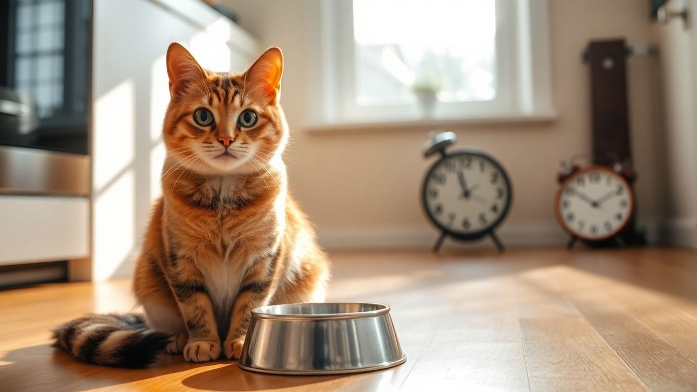 Cat waiting by food bowl with clock in background