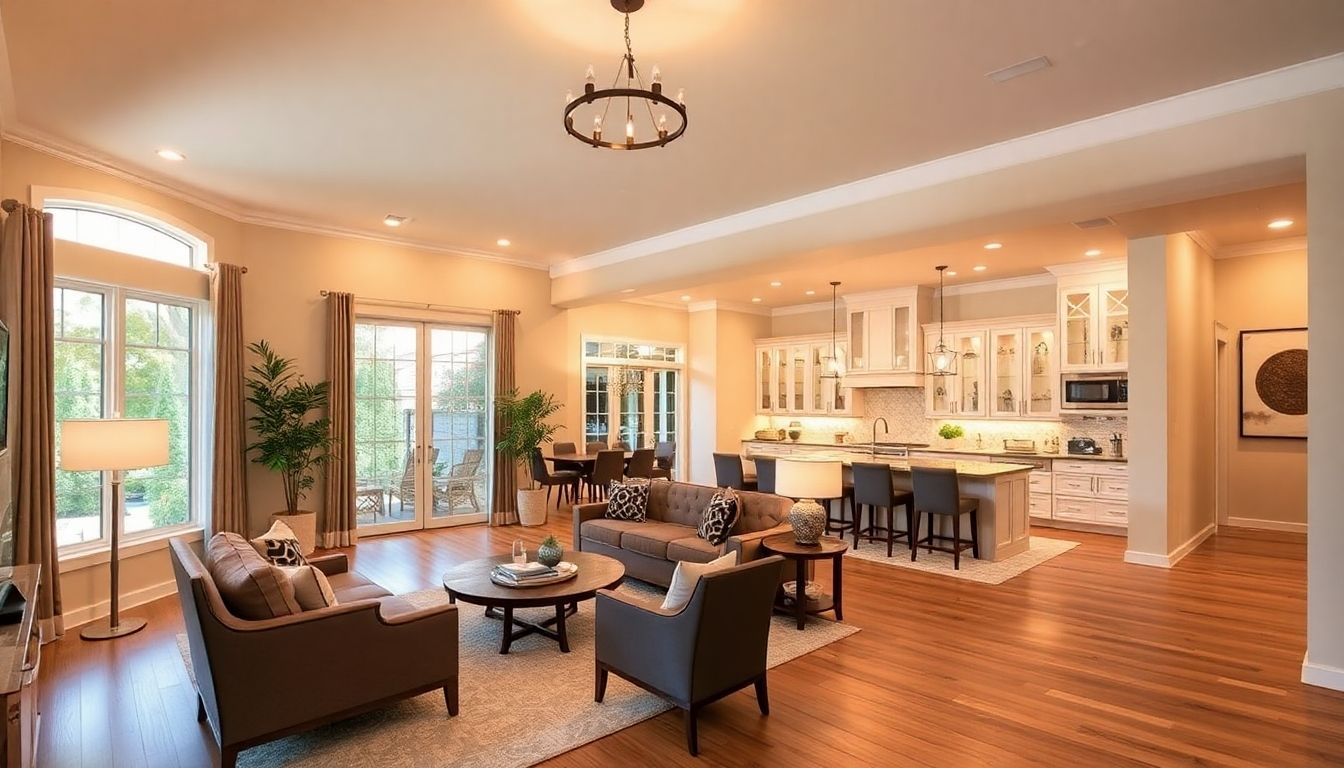 Stylish home interior with warm lighting and modern decor.