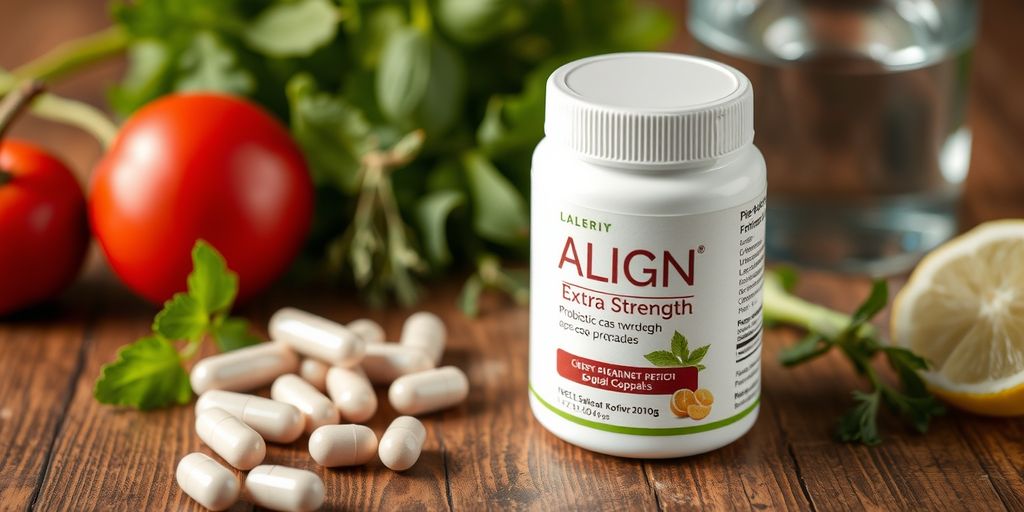 Align Extra Strength probiotic capsules with herbs and water.