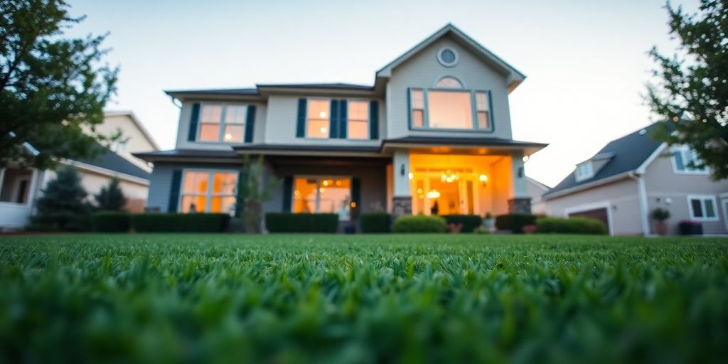 Modern suburban home with green lawn.