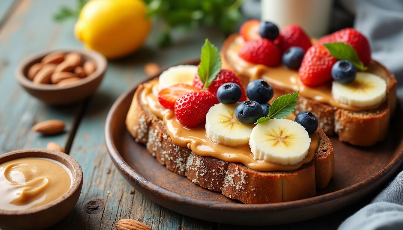 Nut butter and fruit on toast for a healthy breakfast.