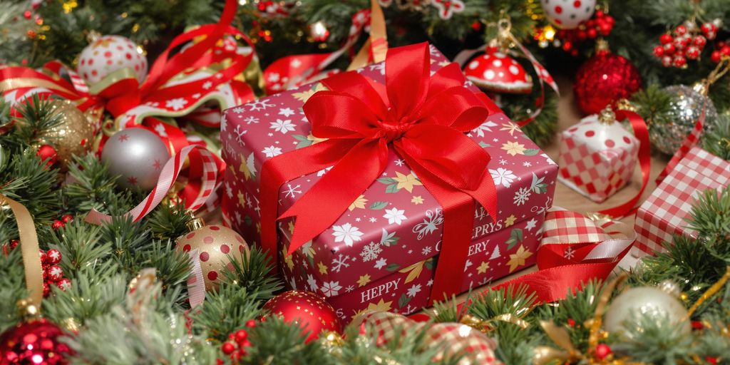 Wrapped Christmas gift with festive decorations and ribbons.