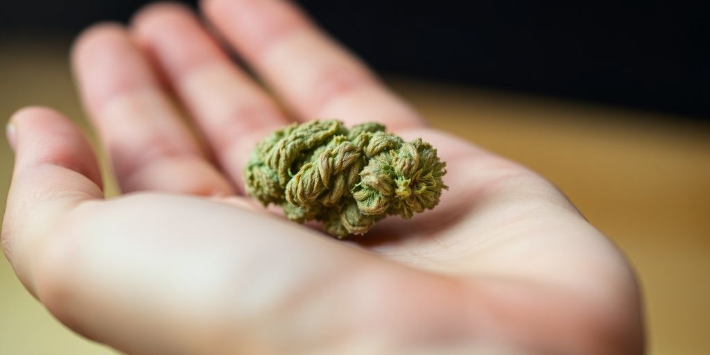 Person's hand holding cannabis bud.