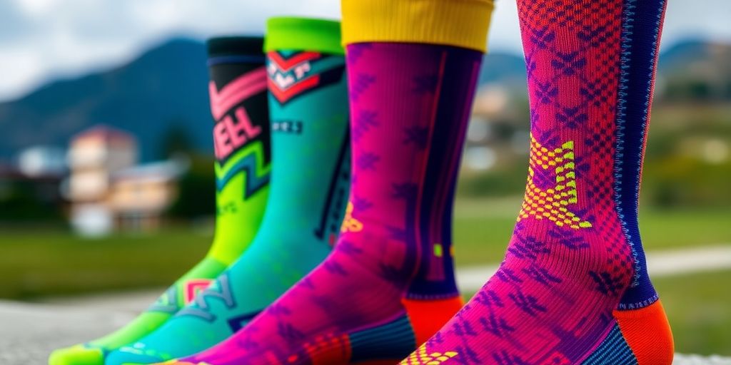 Colorful compression socks for runners on a natural backdrop.