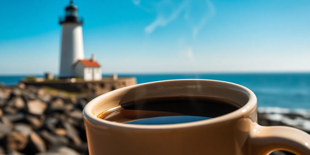 Steaming mug of coffee with a lighthouse in the background.