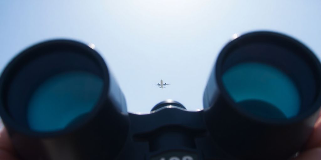 Binoculars focused on a distant airplane.
