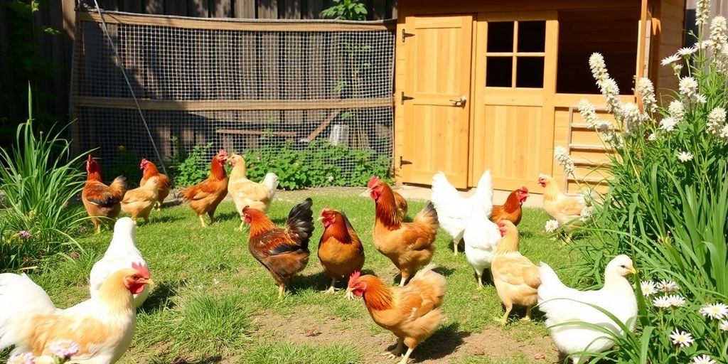 Backyard chicken coop with chickens in a garden setting.